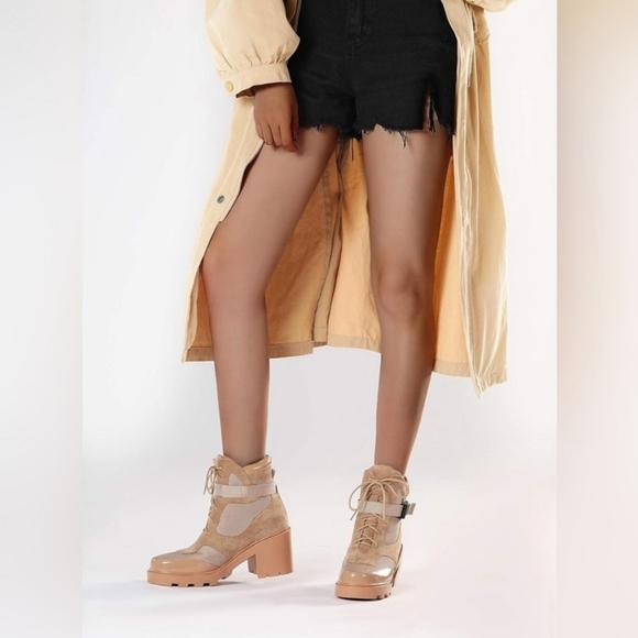 Vivianly MOTO Lace-Up Chunky Heel Platform Combat Boots Nude Size 10 - Picture 15 of 16